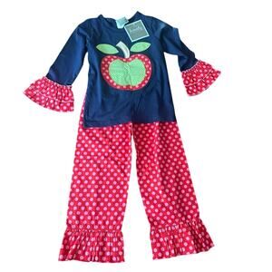 Honesty girls applique apple ruffle two piece outfit size 6 NWT